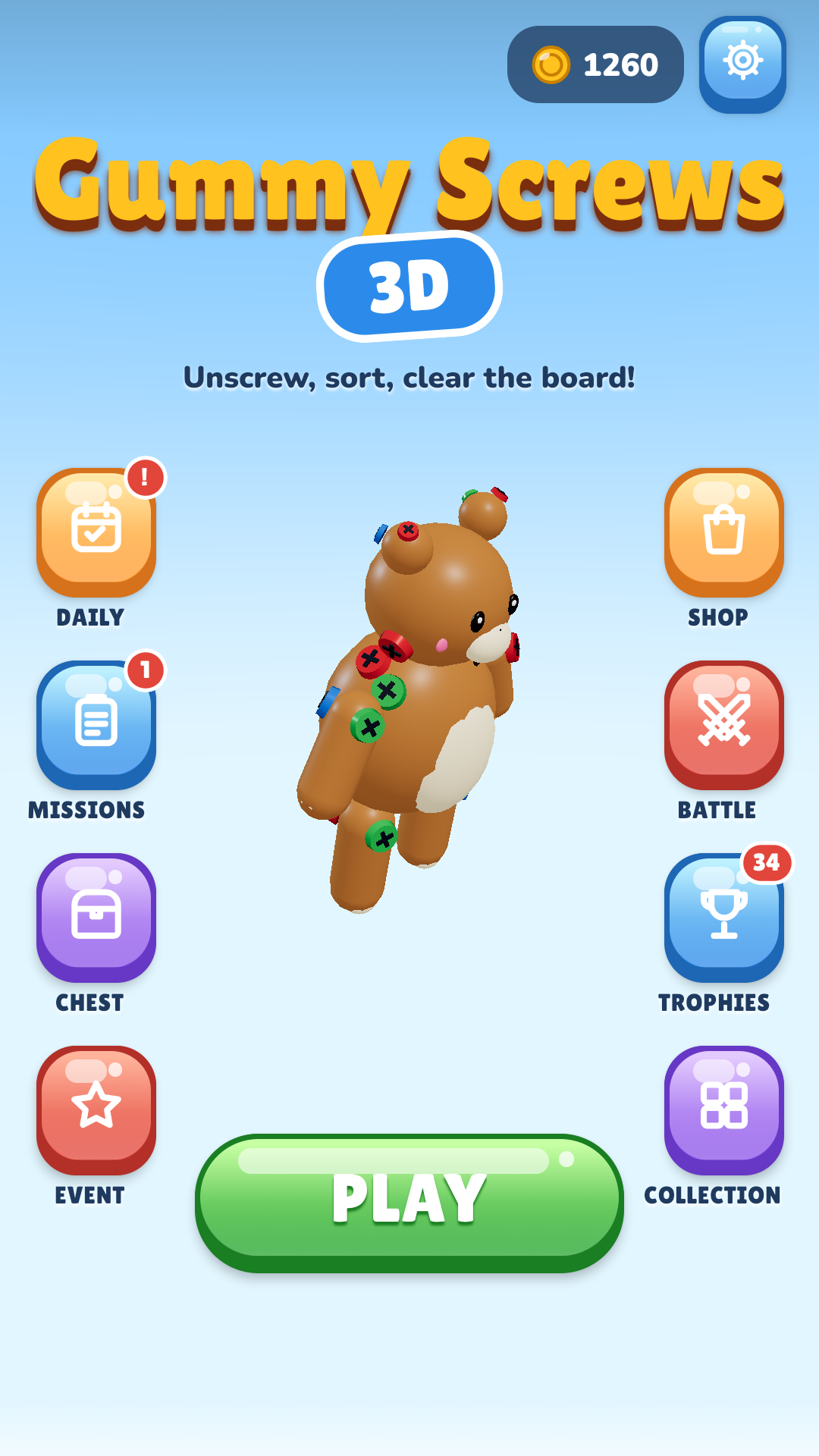 Title screen: the Gummy Screws 3D logo, the 3D gummy bear and the menu buttons