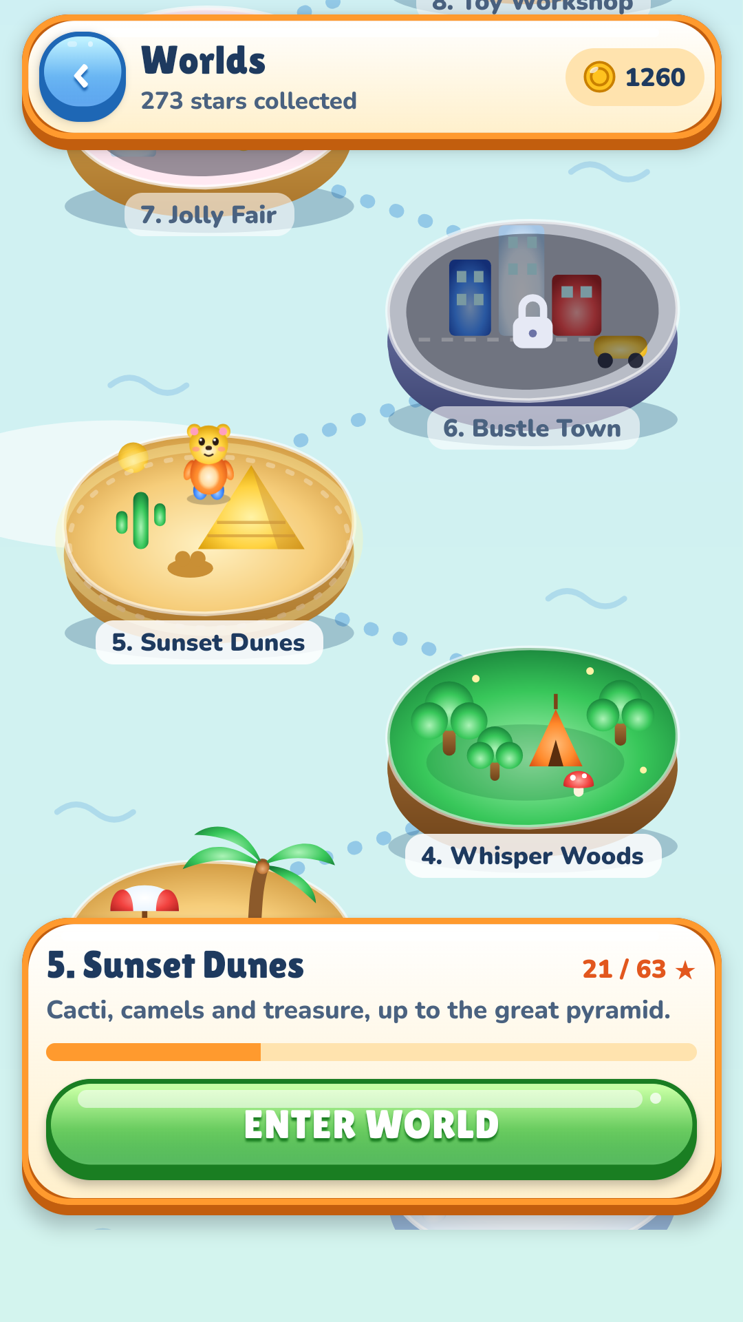 The animated world map, with Sunset Dunes, Whisper Woods and Bustle Town