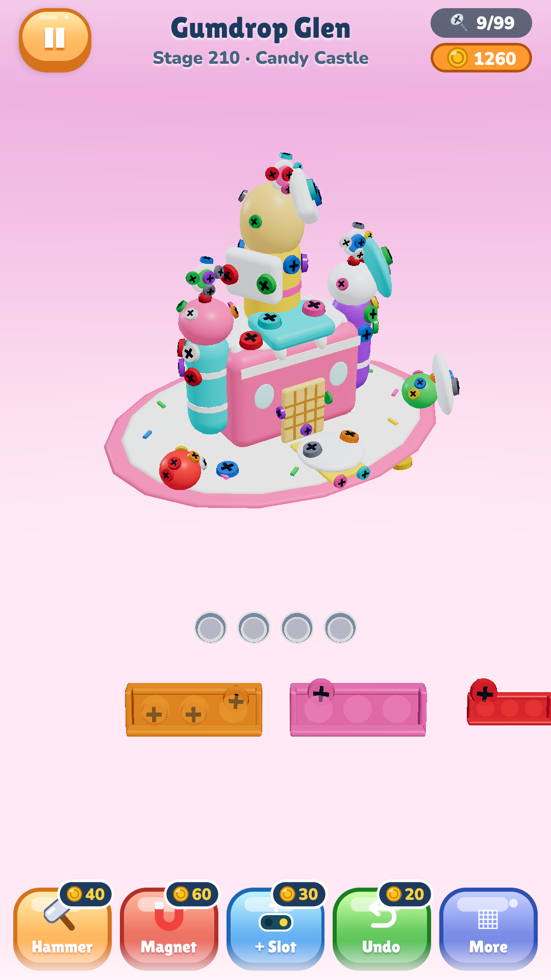 Gumdrop Glen: a candy castle held by coloured screws, with the colour boxes and the skills below