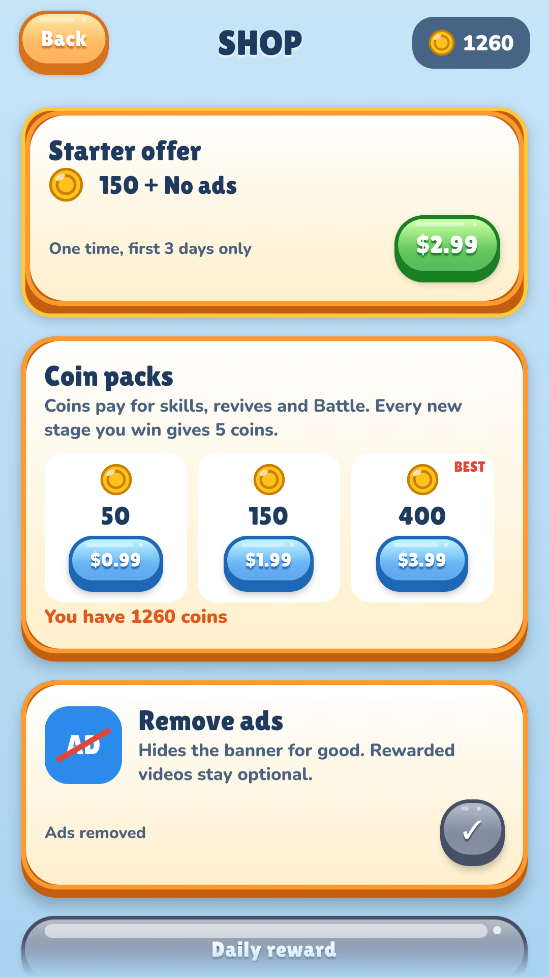 The shop: starter offer, coin packs and Remove ads